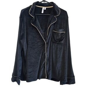 Joyspun Womens XL Pajama Top Black Velour ButtonLong Sleeve Contrast Piping